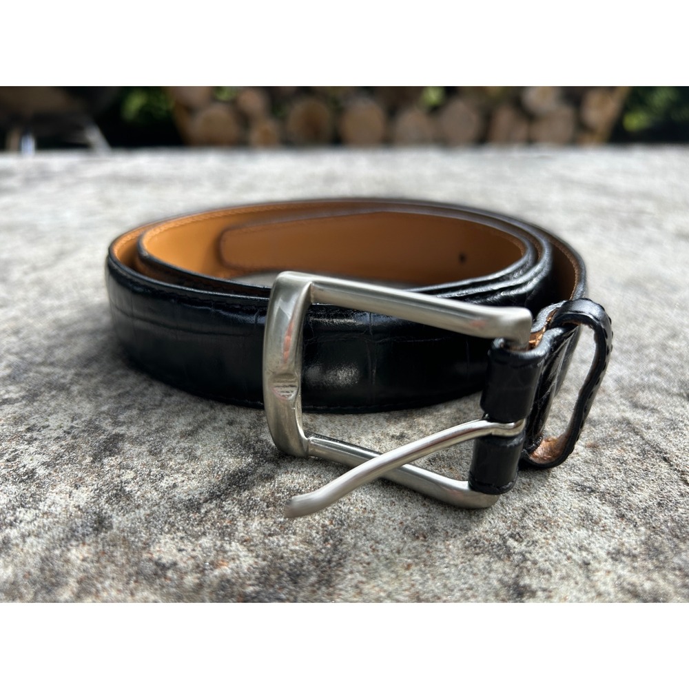 Hart Schaffner Marx Mens Black Crocodile Embossed Leather Belt Silver Buckle 34